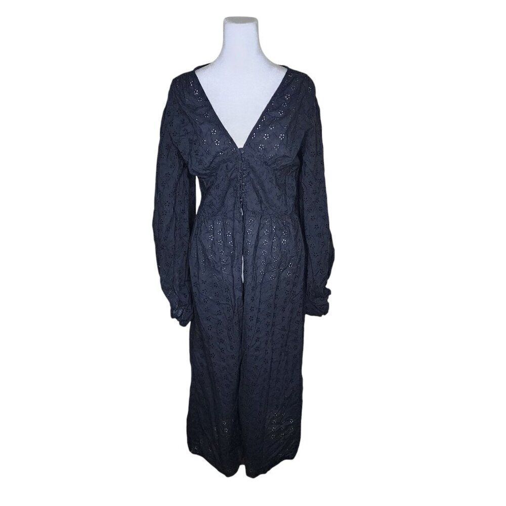 Vintage Y2K Puff Sleeve Eyelet Maxi Duster Womens XL Black Witchy Core